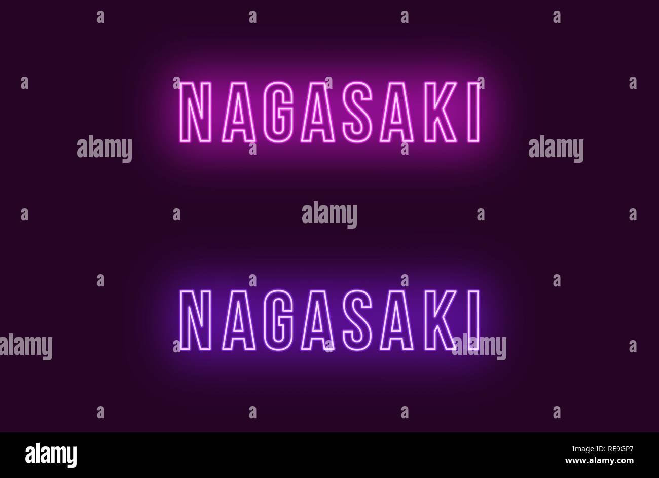 Neon name of Nagasaki city in Japan. Vector text of Nagasaki, Neon inscription with backlight in Bold style, purple and violet colors. Isolated glowin Stock Vector
