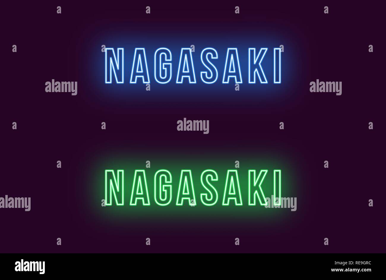 Neon name of Nagasaki city in Japan. Vector text of Nagasaki, Neon inscription with backlight in Bold style, blue and green colors. Isolated glowing t Stock Vector