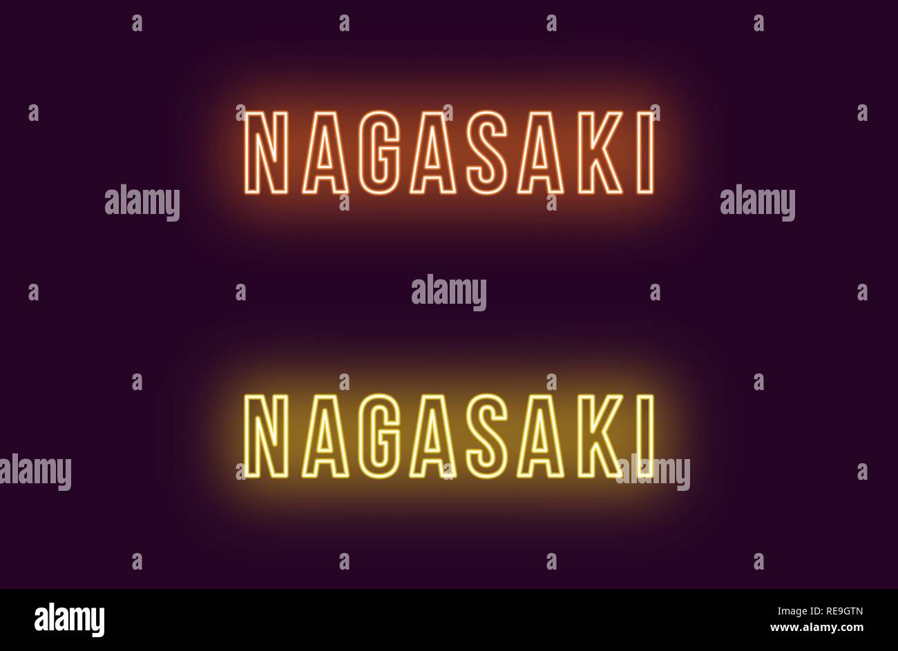 Neon name of Nagasaki city in Japan. Vector text of Nagasaki, Neon inscription with backlight in Bold style, orange and yellow colors. Isolated glowin Stock Vector