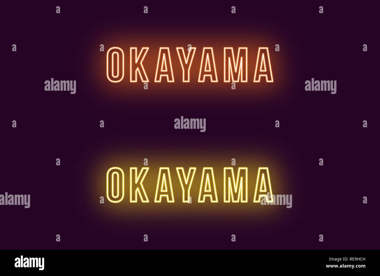 Neon name of Okayama city in Japan. Vector text of Okayama, Neon inscription with backlight in Bold style, orange and yellow colors. Isolated glowing  Stock Vector