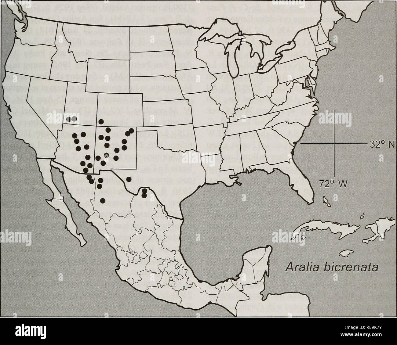 . Contributions from the United States National Herbarium. Botany. Systematics of Aralia 71. Fig. 21. Map of U.S.A. and Mexico showing the distribution of Aralia bicrenata Wooton &amp; Standi. very scarce with Abies, Acer, Cornus, Cimicifuga, 25 Aug 1976, fl, R. K. Gierisch 3789 (ASU, UNM, 2 sheets); Workman Creek area near falls, Sierra Anchas Mountains, mixed conifer-oak hillside near swiftly flowing stream, 7000 ft, 29 Jul 1968, fl, C. Pase &amp; D. Keil 3461 (RSA); near waterfalls of Workman Canyon, rich moist area beside the Workman Creek, in mixed Douglas fir, Acer, and Alnus forest, pla Stock Photo