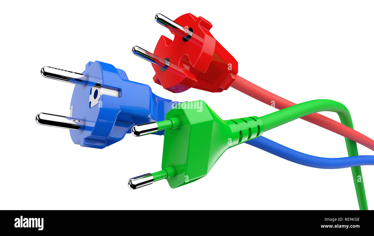 Different colored electric power plugs isolated on white background 3D