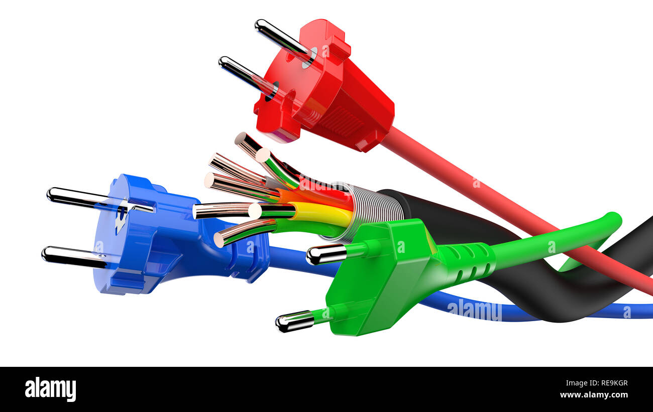 Different colored electric power plugs isolated on white background 3D