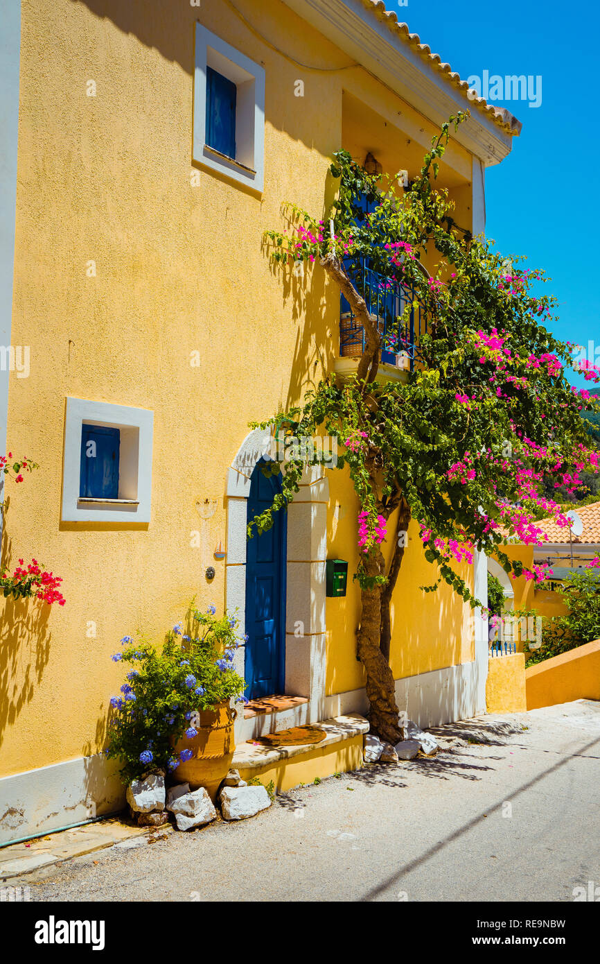 Assos village. Traditional pink colored greek house with bright blue door and windows. Fucsia plant flowers around entrance welcome gate. Kefalonia island, Greece Stock Photo