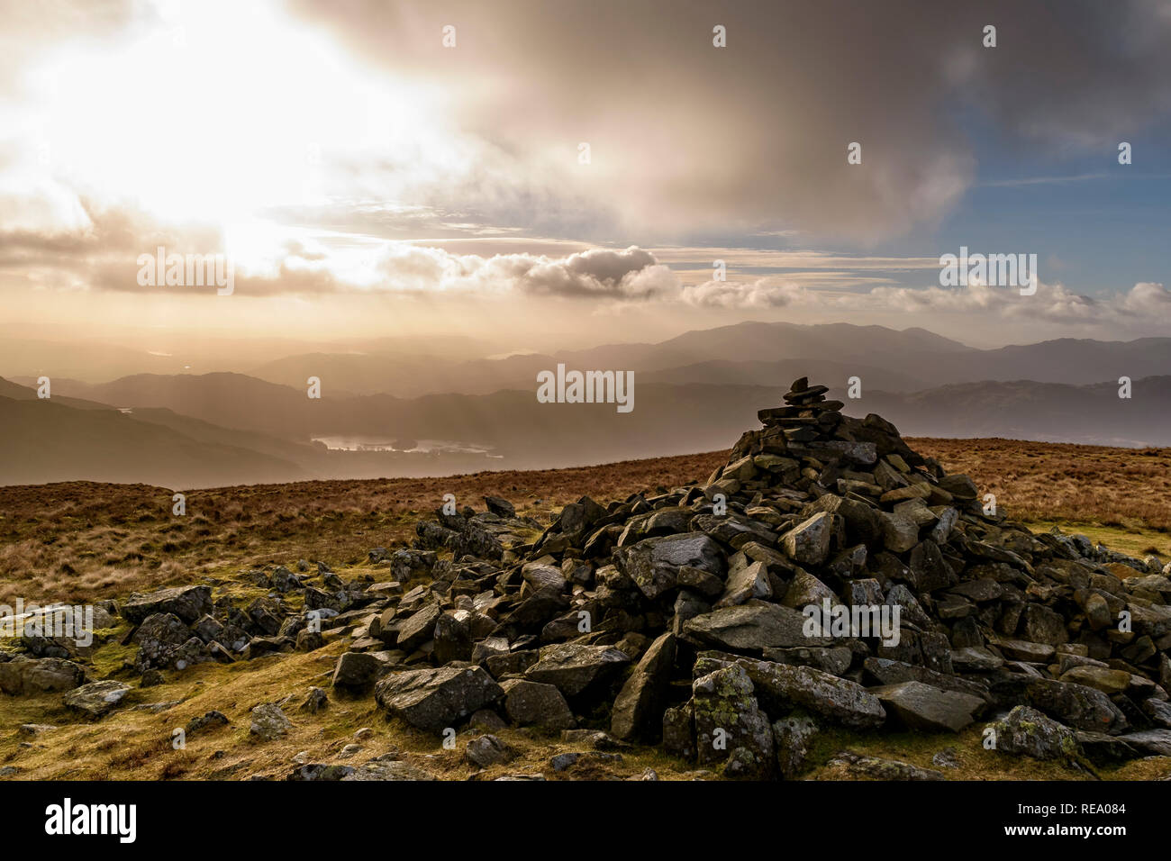 Looking across Rydal Water and the high fells from the summit of Seat Sandal Stock Photo