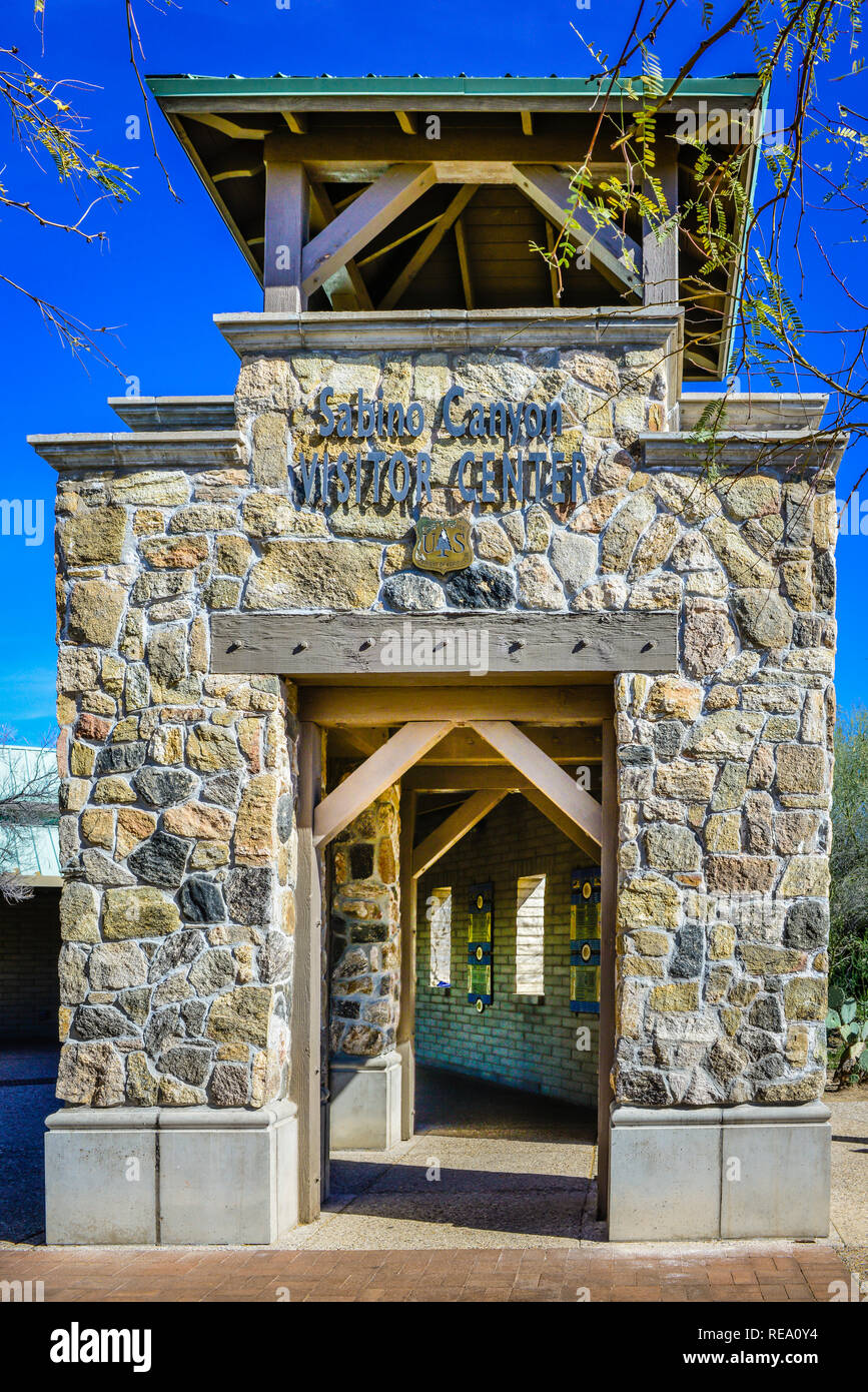 The Sabino Canyon Recreation Area's Visitor Center entrance in the Coronado National Forest near