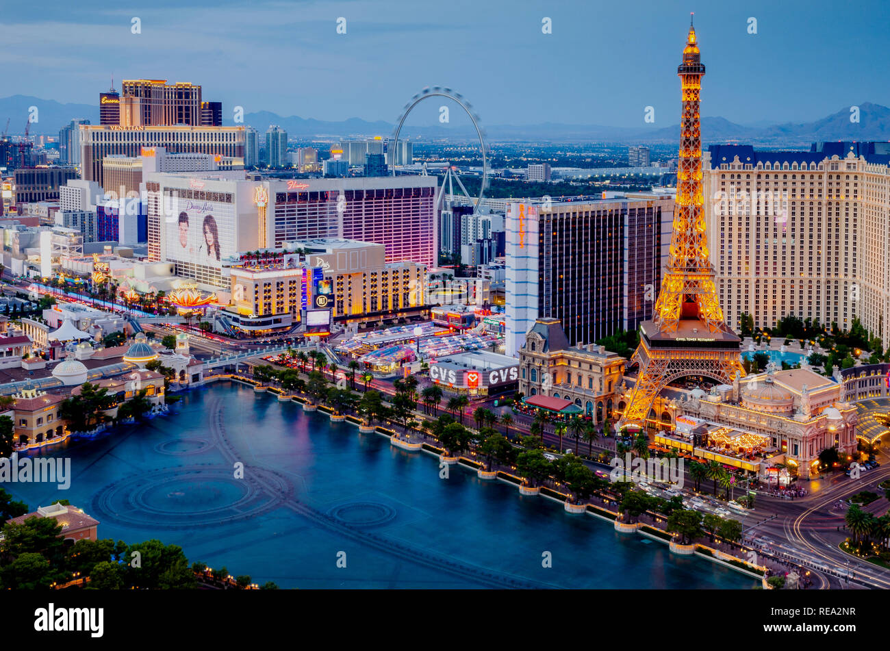 Las Vegas skyline featuring the Bellagio Fountains, Paris Las Vegas, Linq High Roller & Las Vegas Strip in Las Vegas, Nevada, USA Stock Photo