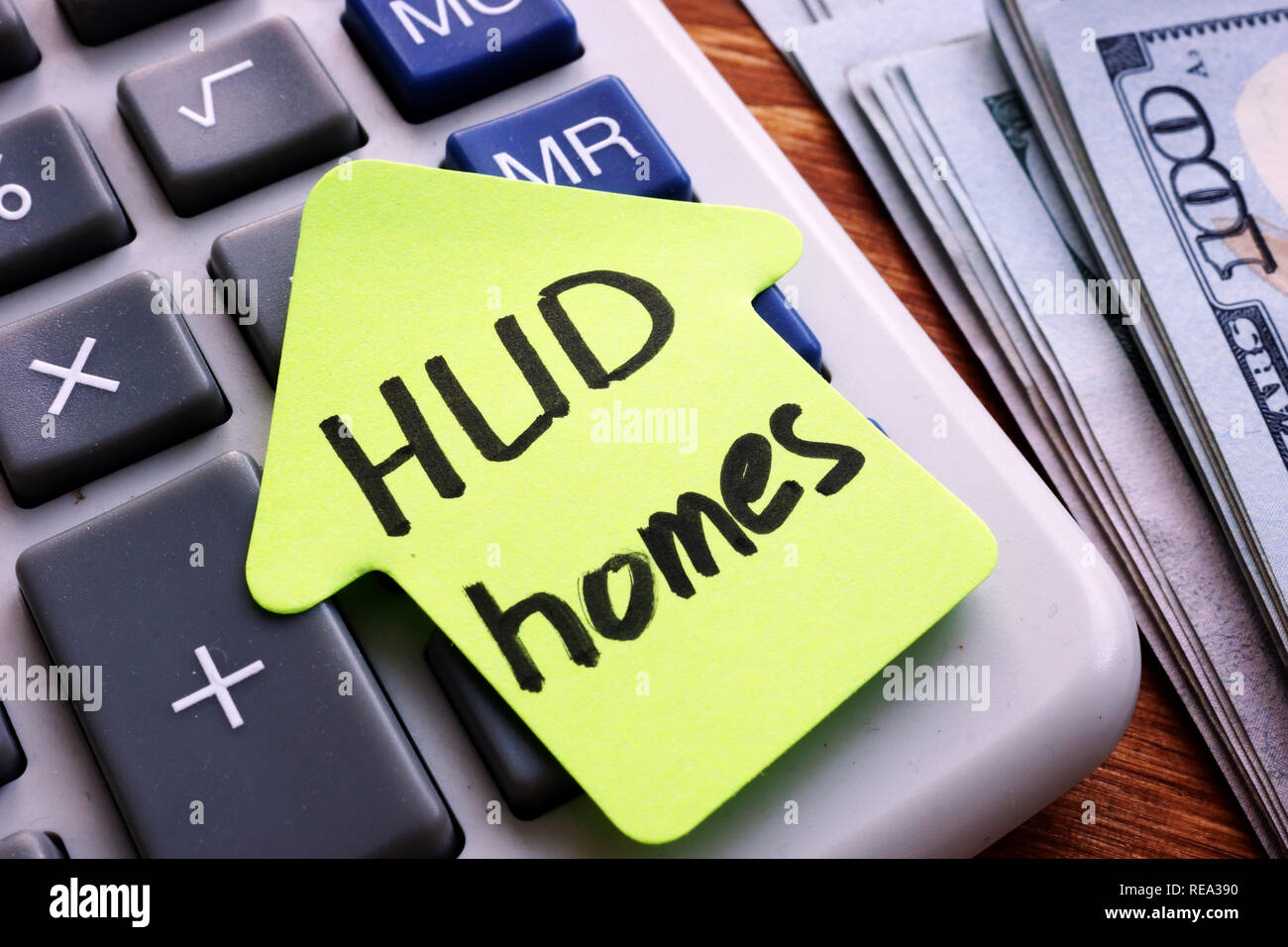 HUD homes written on a piece of paper. Stock Photo