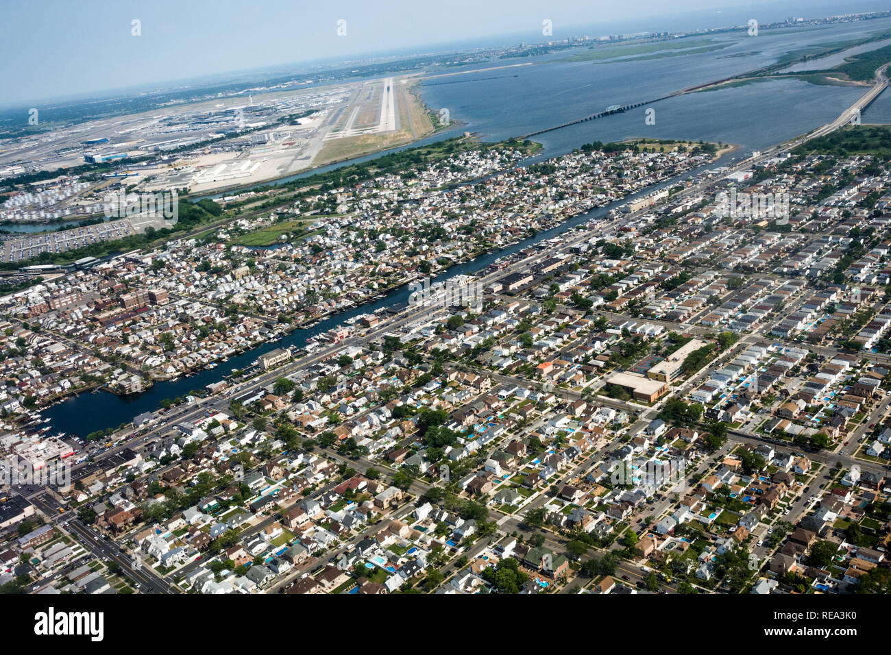 An aerial view of Jamaica, Queens and the runway at JFK airport Stock Photo