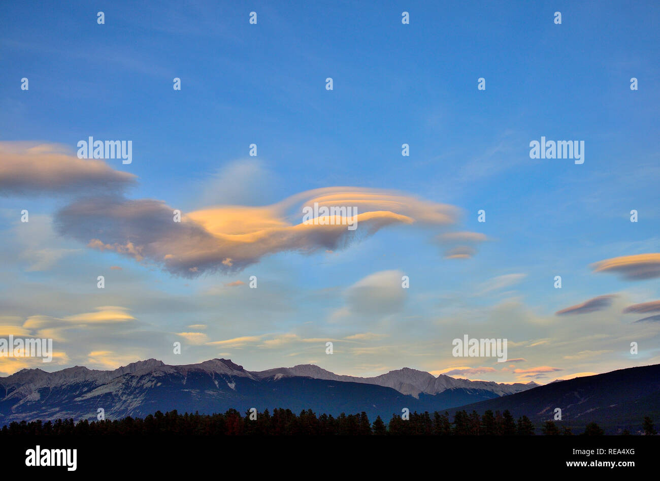 A lenticular cloud the shape of a bird flying passing over Roche Bonhomme mountain range in Jasper National Park in Alberta Canada. Stock Photo