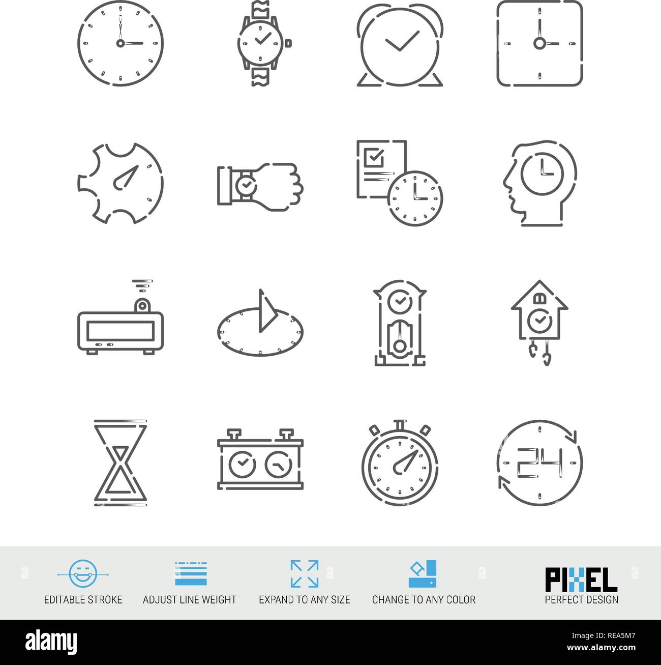 Vector Line Icon Set. Time Related Linear Icons. Clock Symbols, Pictograms, Signs Stock Vector