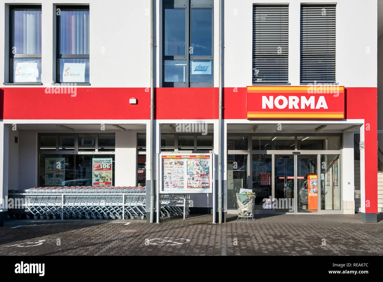 Norma branch in Kreuztal, Germany. Norma is a food discount store with more than 1,300 stores in Germany, Austria, France and the Czech Republic. Stock Photo