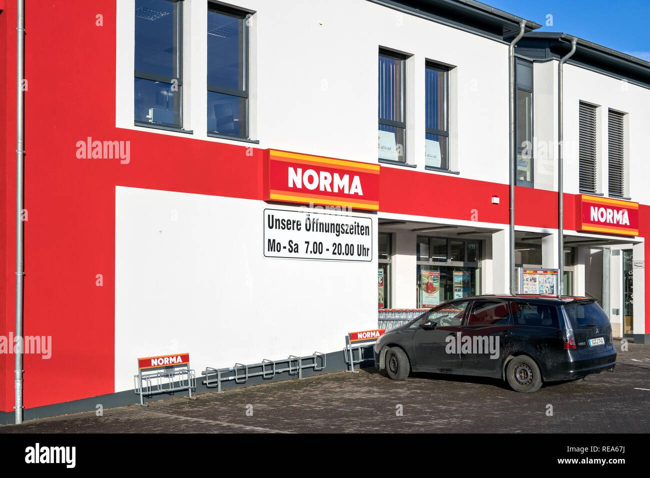 Norma branch in Kreuztal, Germany. Norma is a food discount store with more than 1,300 stores in Germany, Austria, France and the Czech Republic. Stock Photo
