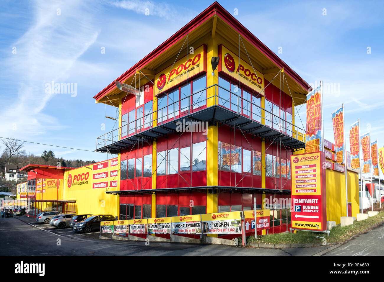 Poco furniture store in Kreuztal. Poco is a furniture discount retailer with more than 120 stores in Germany and a brand of XXXLutz since 2018. Stock Photo