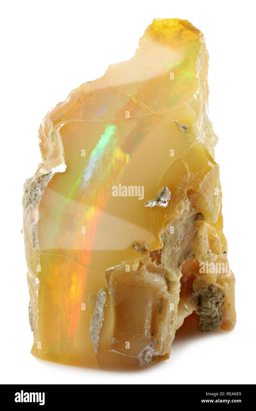 precious color flashing Ethiopian welo opal with rainbowlike fire isolated on white background Stock Photo