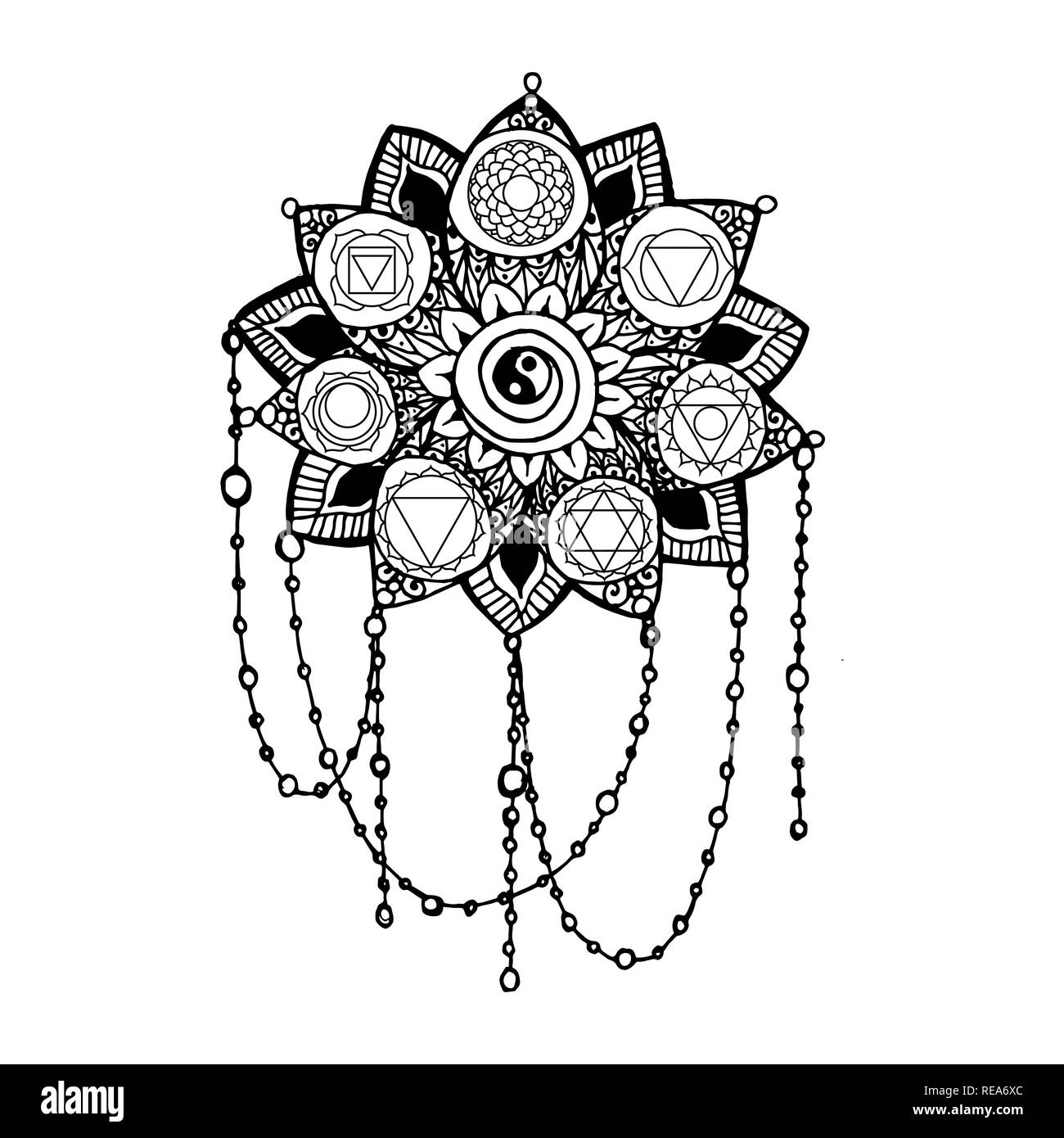 Doodle style monochrome black line art lotus with yoga chakras pictogram. Vector illustration for print design, adult coloring page template Stock Vector
