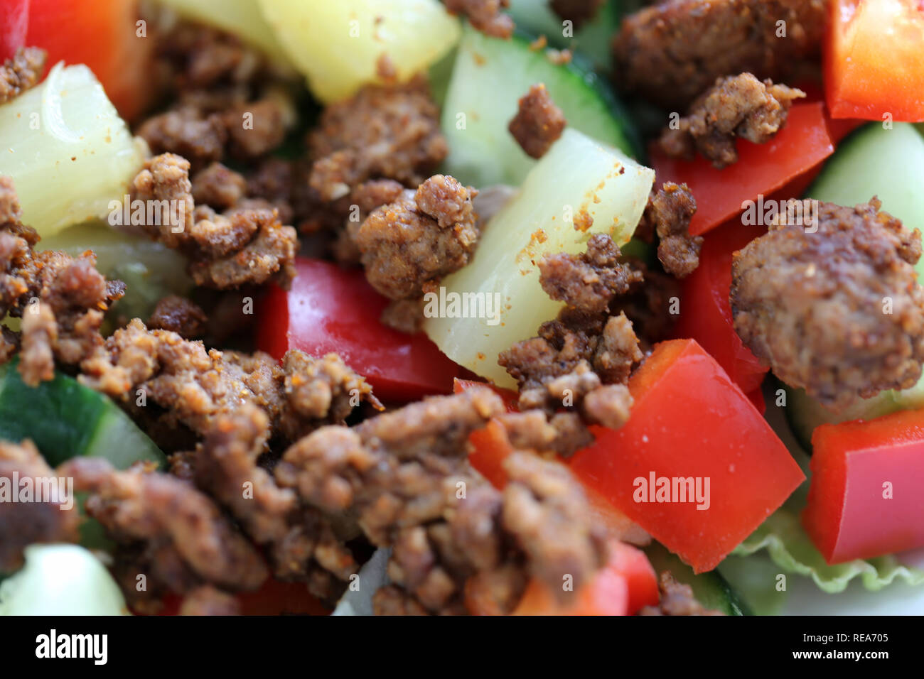 Macro photo of a delicious homemade salad. This healthy salad includes some minced meat, salad, nuts, pineapples, red peppers and more. Yum! Stock Photo