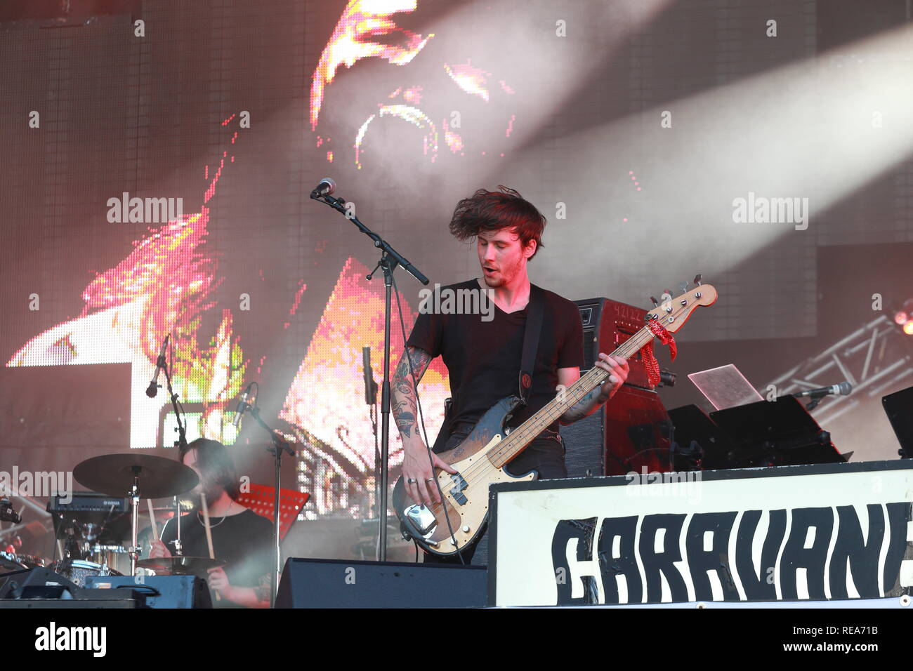 Montreal, Canada.  Quebec rock group Caravane perform on stage at the Francos festival in downtown Montreal Stock Photo