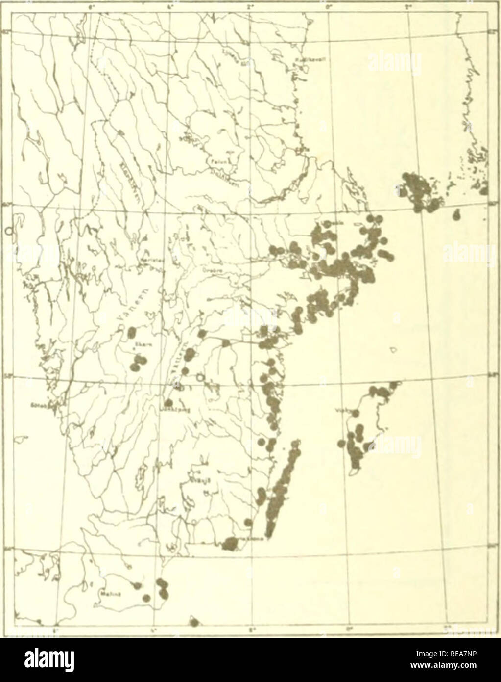 . The continental element in the flora of south Sweden. Botany -- Sweden. Map 3. MELICA CILIATA in the Scandinavian North. Map 4. DRAB A MURALIS in the Scandinavian North. o uncertain or accidental occurrences.. Please note that these images are extracted from scanned page images that may have been digitally enhanced for readability - coloration and appearance of these illustrations may not perfectly resemble the original work.. Sterner, Rikard. Stockholm : Centraltryckeriet Stock Photo