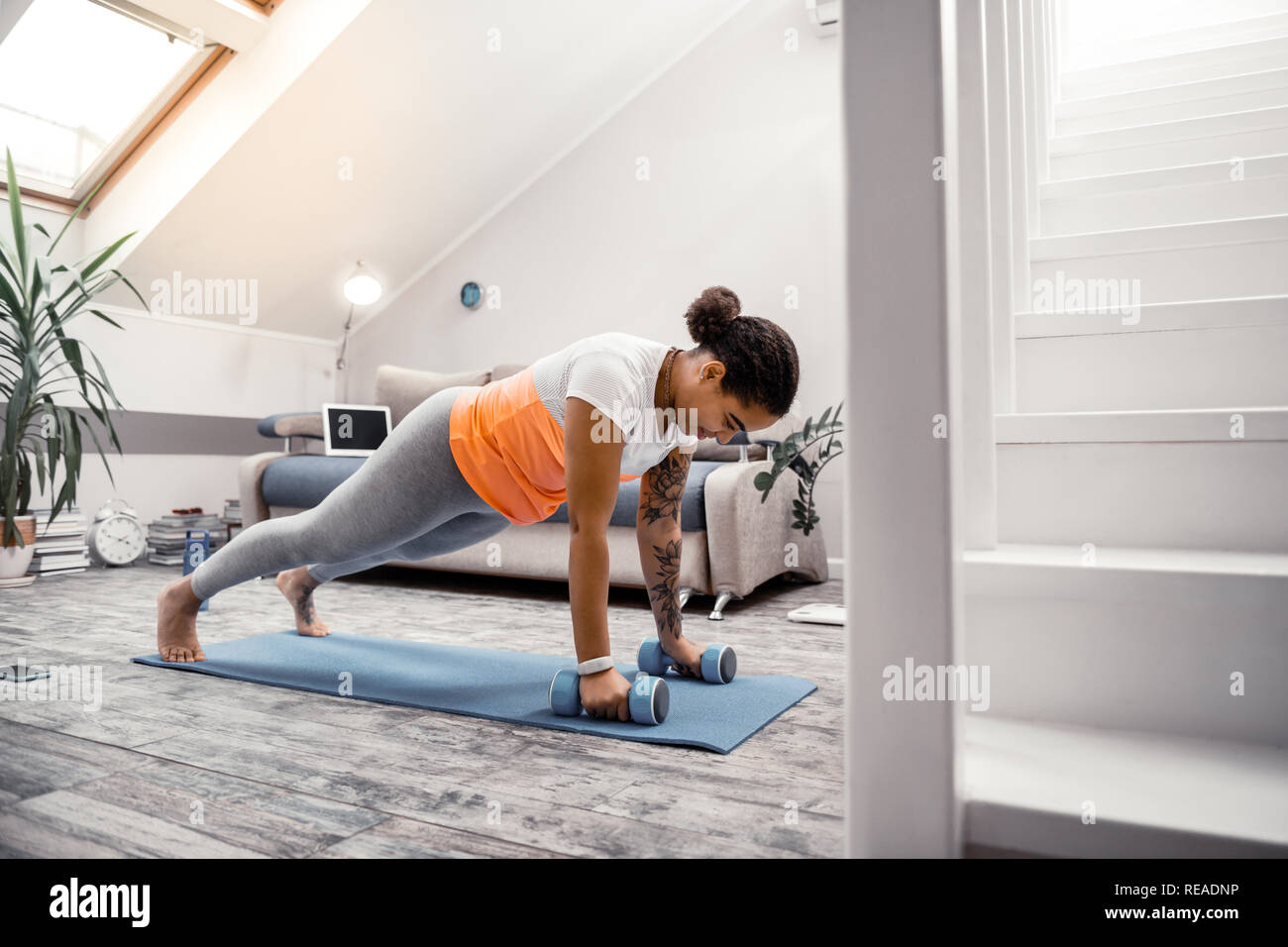 Confident strict African American lady using dumbbells during training Stock Photo