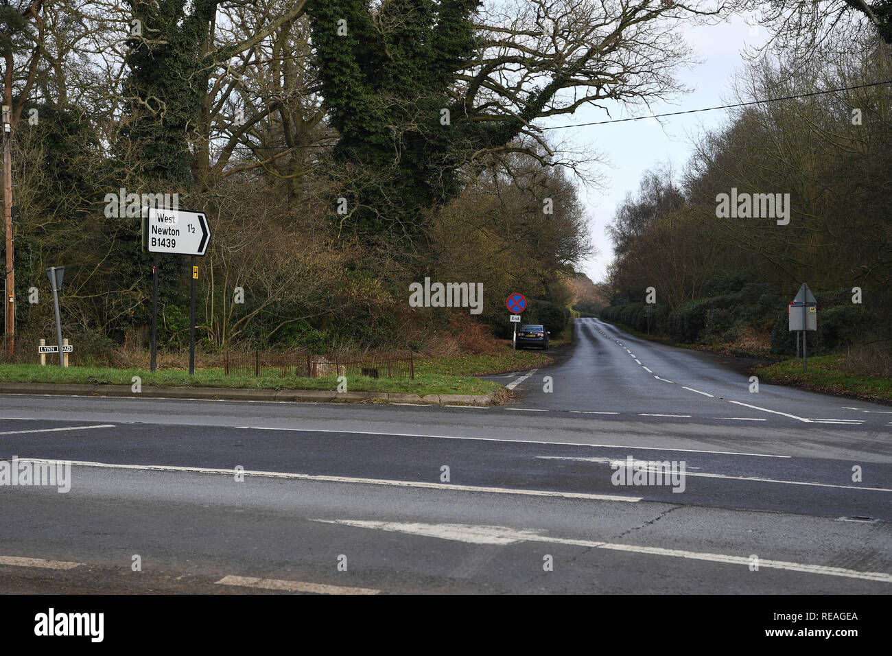 Norfolk, UK. 20th January, 2019. The A149 junction with the B1439 West Newton road in North Norfolk, where Prince Philip, The Duke of Edinburgh, crashed his Landrover Freelander into another car on Thursday 17th January 2019. Picture by Andrew Parsons / Parsons Media Credit: andrew parsons/Alamy Live News Stock Photo