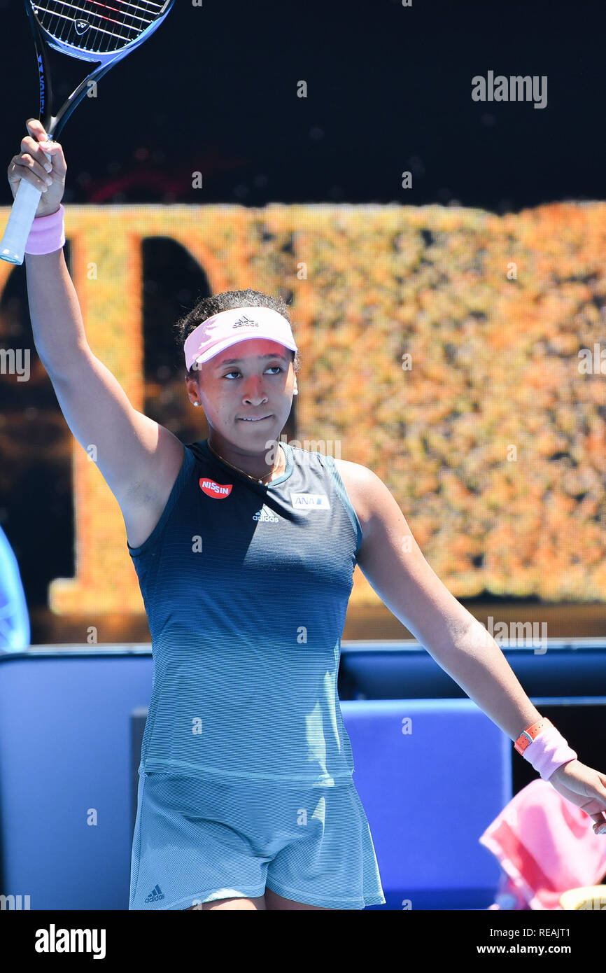 Melbourne, Australia. January 21, 2019: 4th seed Naomi Osaka celebrates after winning the fourth round match against 13th seed Anastasija Sevastova on day eight of the 2019 Australian Open Slam tennis