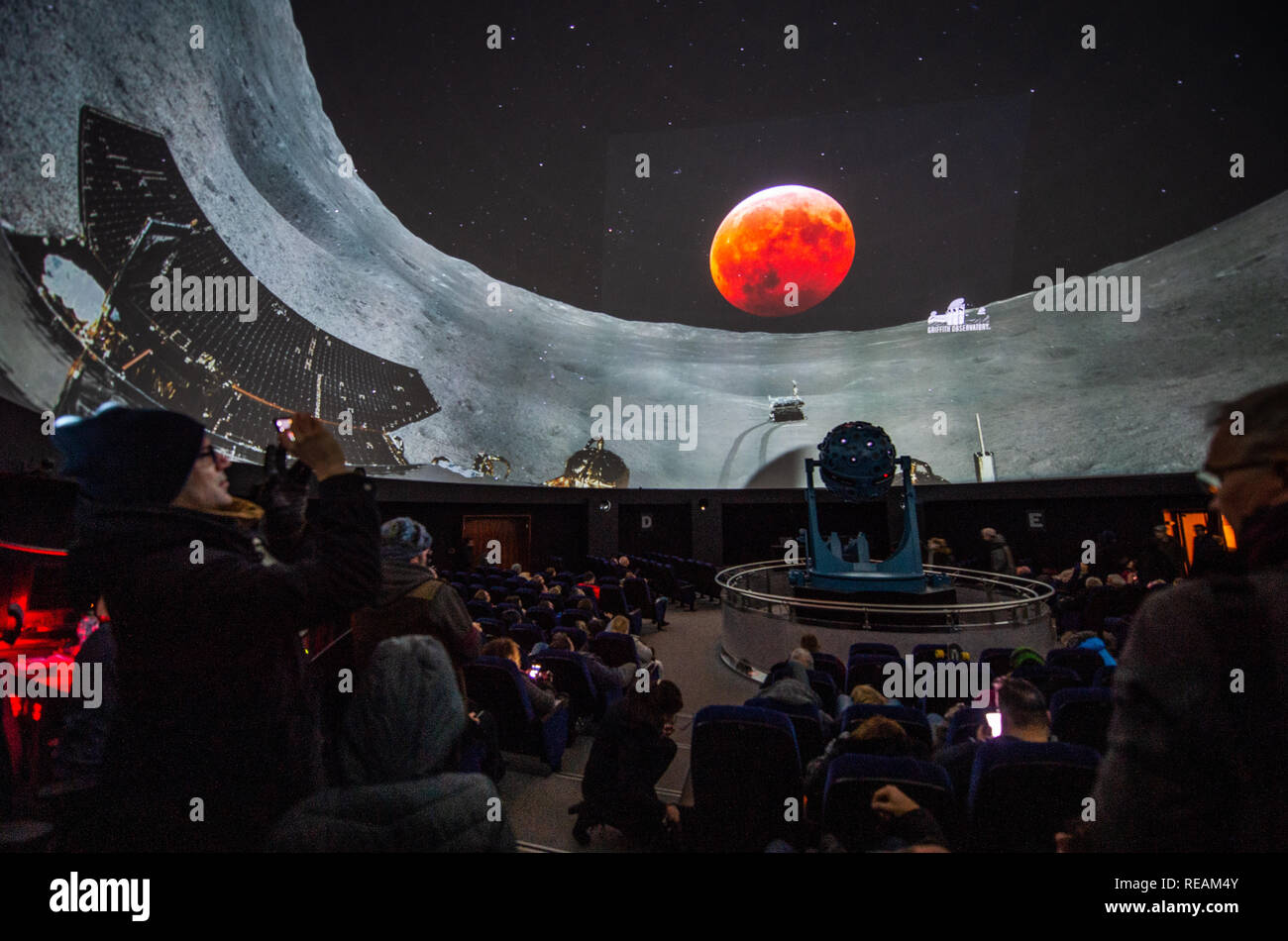 bochum germany 21st jan 2019 in a planetarium the livestream of the total lunar eclipse with the so called blood moon from the griffith observatory in los angeles and a 360 degree panorama photo