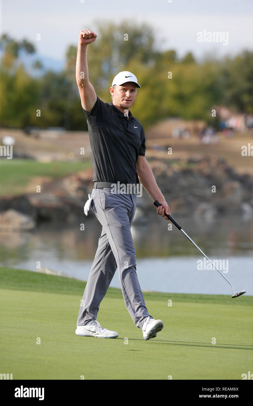 La Quinta, California, USA. January 20, 2019 Adam Long celebrates after making his putt for birdie on the 18th hole during the final round of the Desert Classic golf tournament on the Stadium Course at PGA West in La Quinta, California. Charles Baus/CSM Credit: Cal Sport Media/Alamy Live News Stock Photo