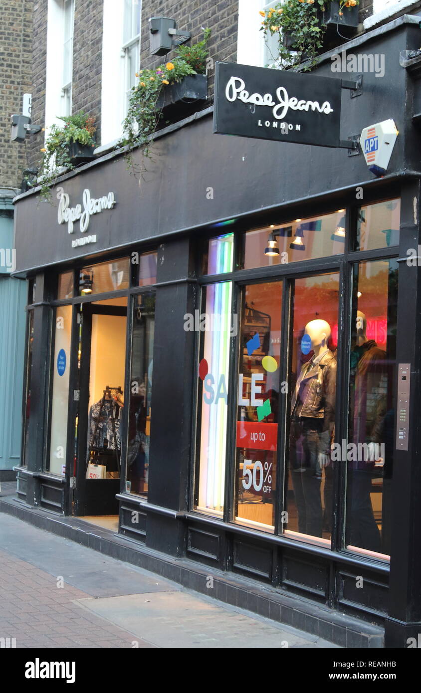 Pepe jeans brand logo seen in Carnaby Street in London, UK Stock Photo -  Alamy