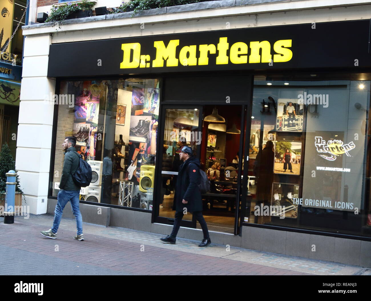 Dr Martens brand logo seen in Carnaby Street in London, UK. Stock Photo