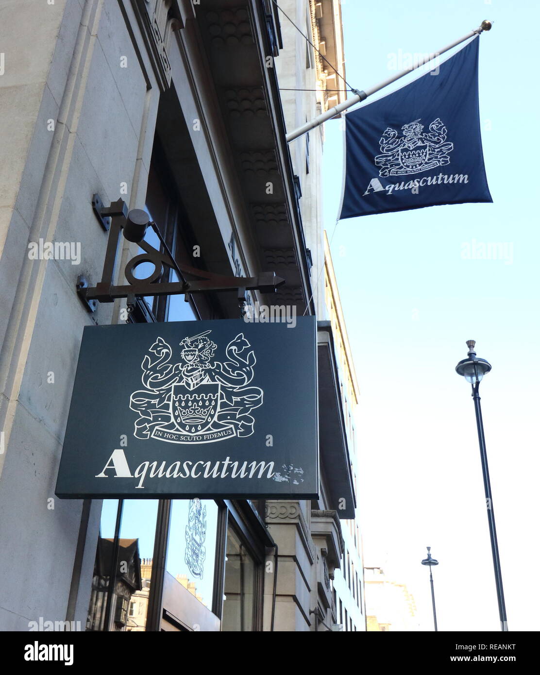 Aquascutum brand logo seen in Carnaby Street in London, UK Stock Photo -  Alamy