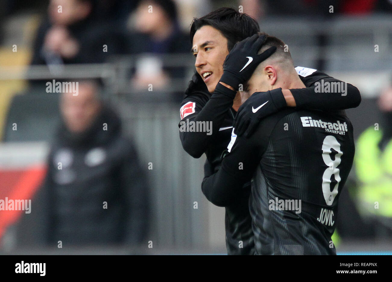 Torjubel, Makoto Hasebe (20, Eintracht Frankfurt) with Luka Jovic (8, Eintracht Frankfurt), Eintracht Frankfurt - SC Freiburg, 1st Bundesliga, 18th matchday on 19/01/2019, season 2018/2019, photo: M. Deines/PROMEDIAFOTO, ** In accordance with the requirements of the DFL German Football League it is forbidden to use in the stadium and/or made by the game photos taken in the form of sequence images and/or video-like photo galleries to exploit or exploit. // DFL regulations prohibit any use of photographs as image sequences and/or quasi-video. ** | usage worldwide Stock Photo