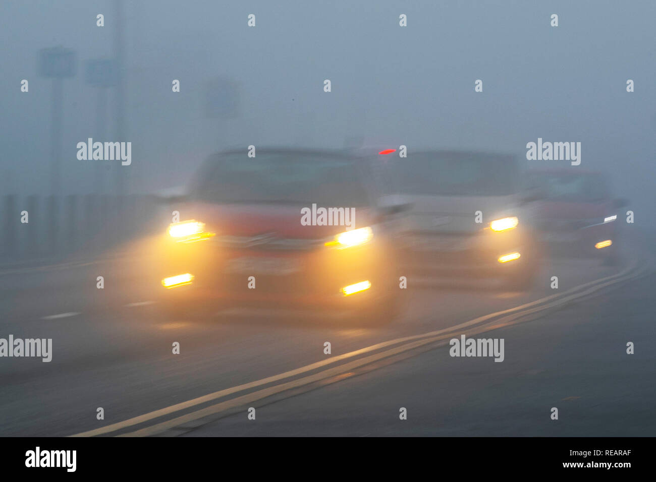Southport, Merseyside.  21st Jan, 2019 UK Weather. Foggy start to Blue Monday. The one day in the calendar which is dubbed the most depressing day of the year?  A life coach came up with a formula which allegedly shows that the third Monday in January is when people are most likely to be miserable - and it’s caught on, with the theory being repeated time and again every year. Credit: MediaWorldImages/Alamy Live News Stock Photo