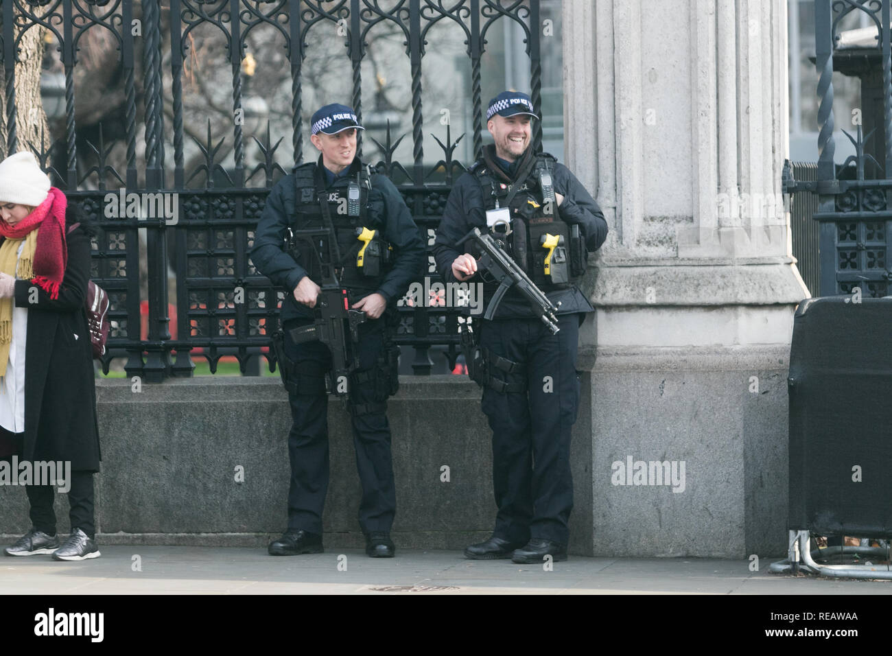 London UK. 21st January 2019. Increased security in Westminster as armed police officers patrol around Parliament Square on the day Prime Minister Theresa May delivers her Plan B for Brexit to Parliament Credit: amer ghazzal/Alamy Live News Stock Photo