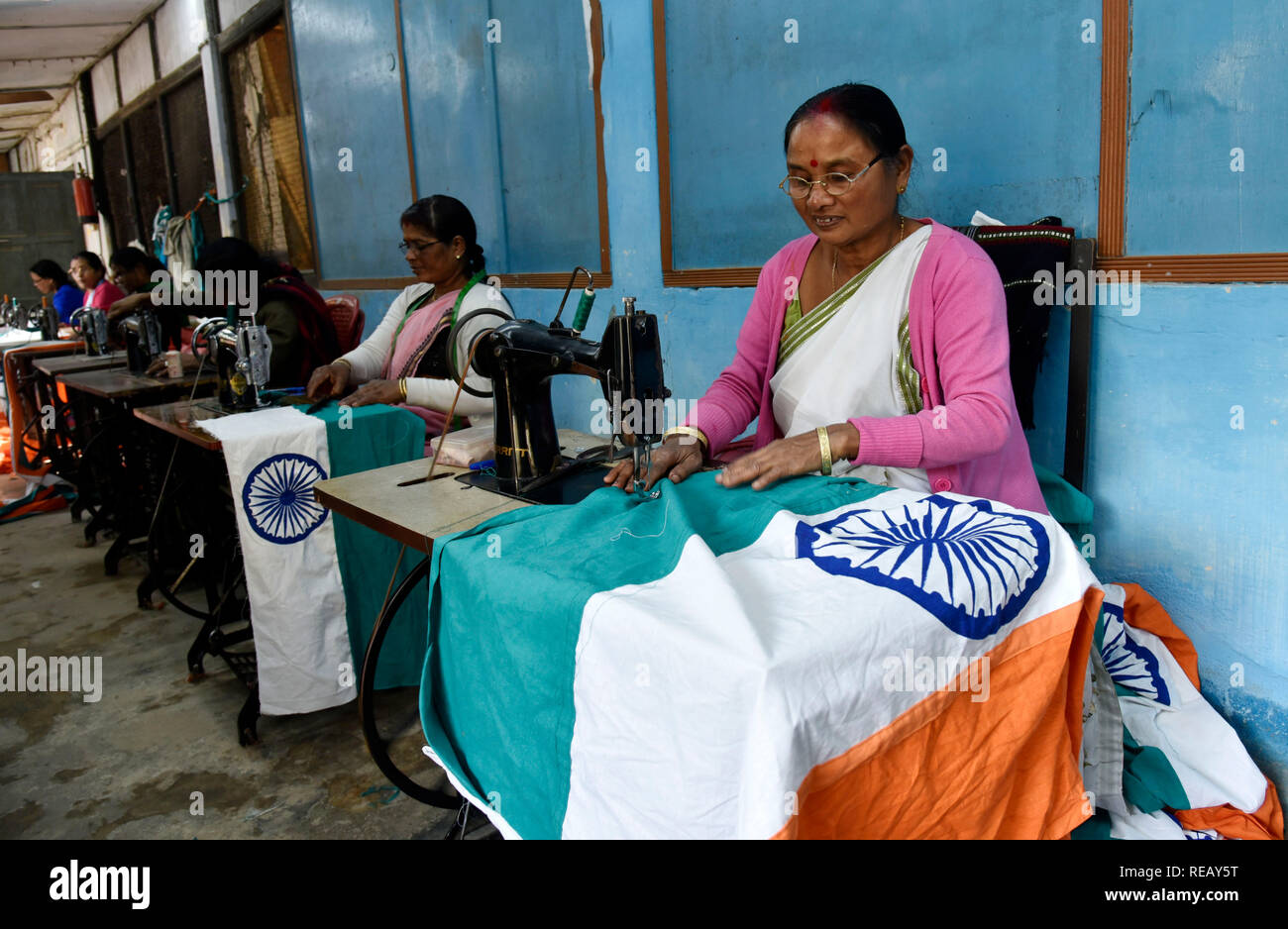 Guwahati, Assam, India. 21st Janaury 2019. Workers at the Khadi and Village Industries Board prepare Tricolours for Republic Day celebrations, in Guwahati, Assam, India on Monday, Jan. 21, 2019. Credit: David Talukdar/Alamy Live News Stock Photo