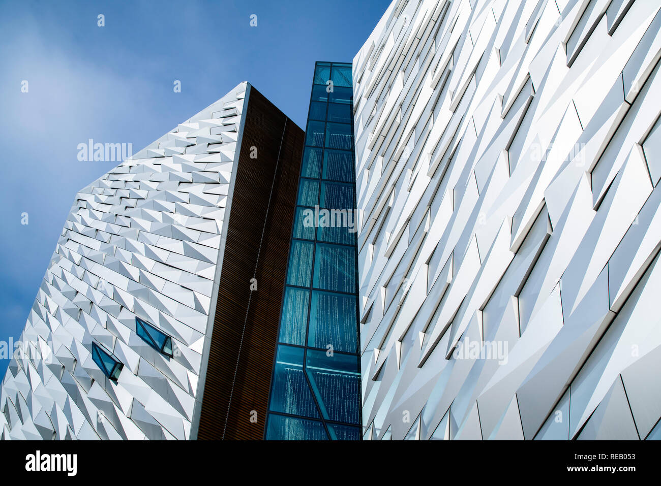 General view of Titanic Belfast in the dockside area of Belfast, UK Stock Photo