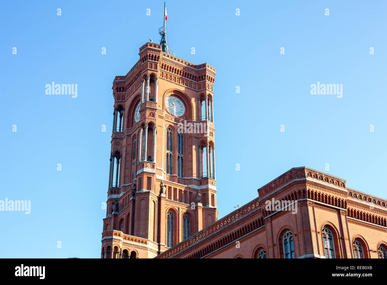 View of Rotes Rathaus or Berlin Town Hall with blue sky background on Alexanderplatz in Berlin, Germany. December 2018. Stock Photo