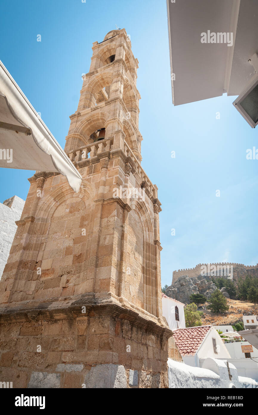 Lindos Town. Greek Island of Rhodes. 05/29/2018. Tower of Church of