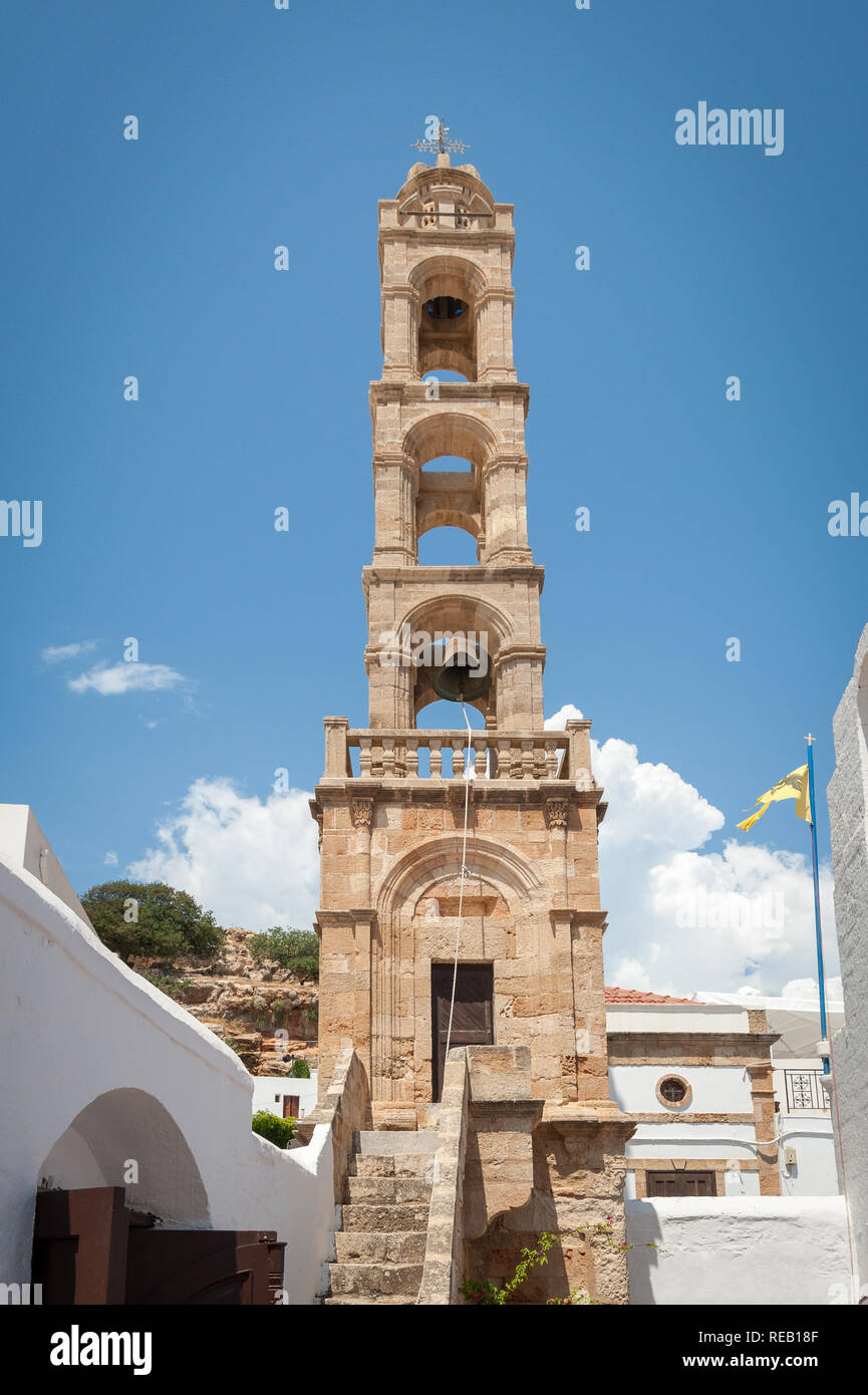 Lindos Town. Greek Island of Rhodes. 05/29/2018. Tower of Church of