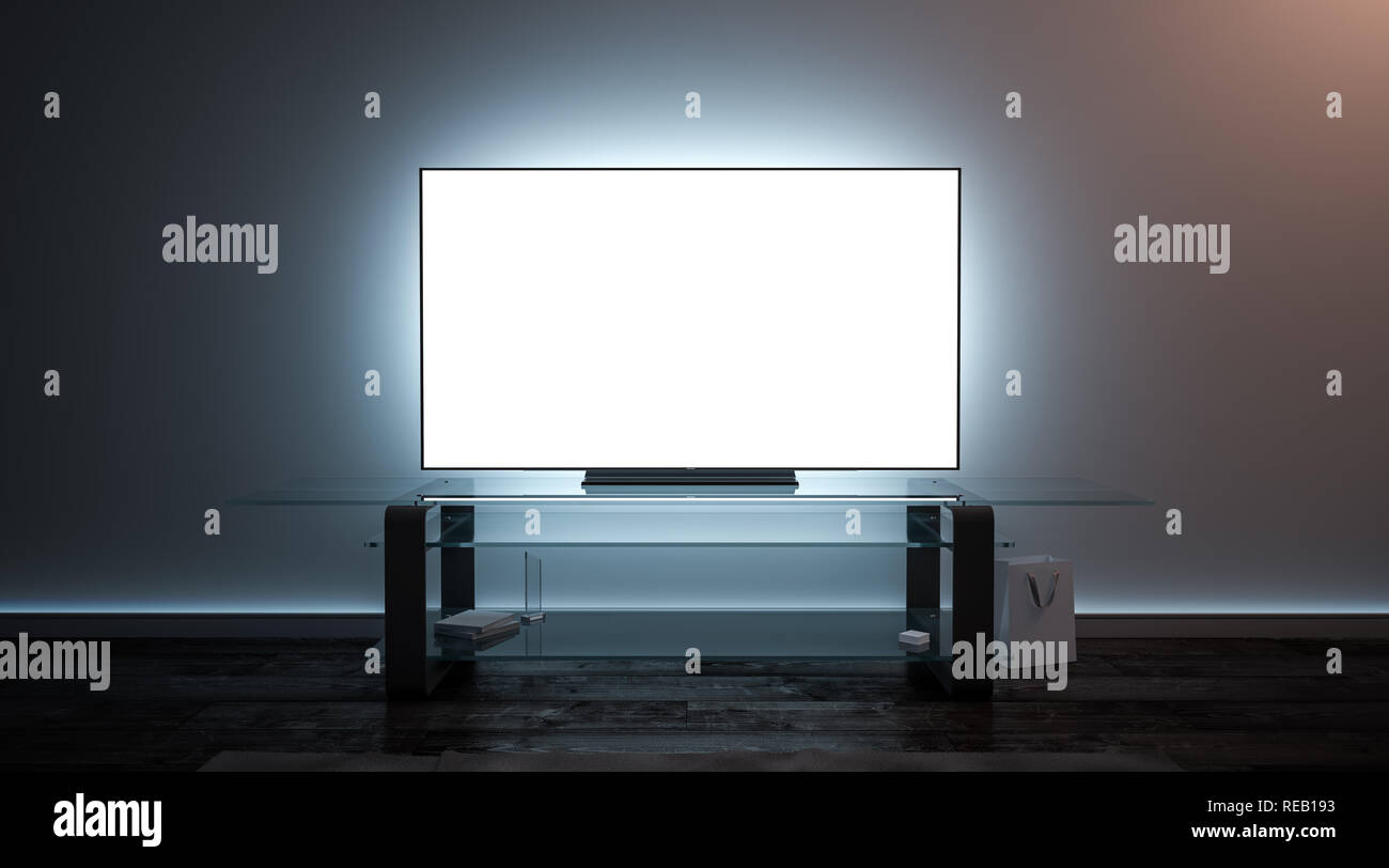 Blank white tv screen interior in darkness mockup, front view, 3d rendering. Empty telly plasma display in living room mock up. Clear smart panel moni Stock Photo