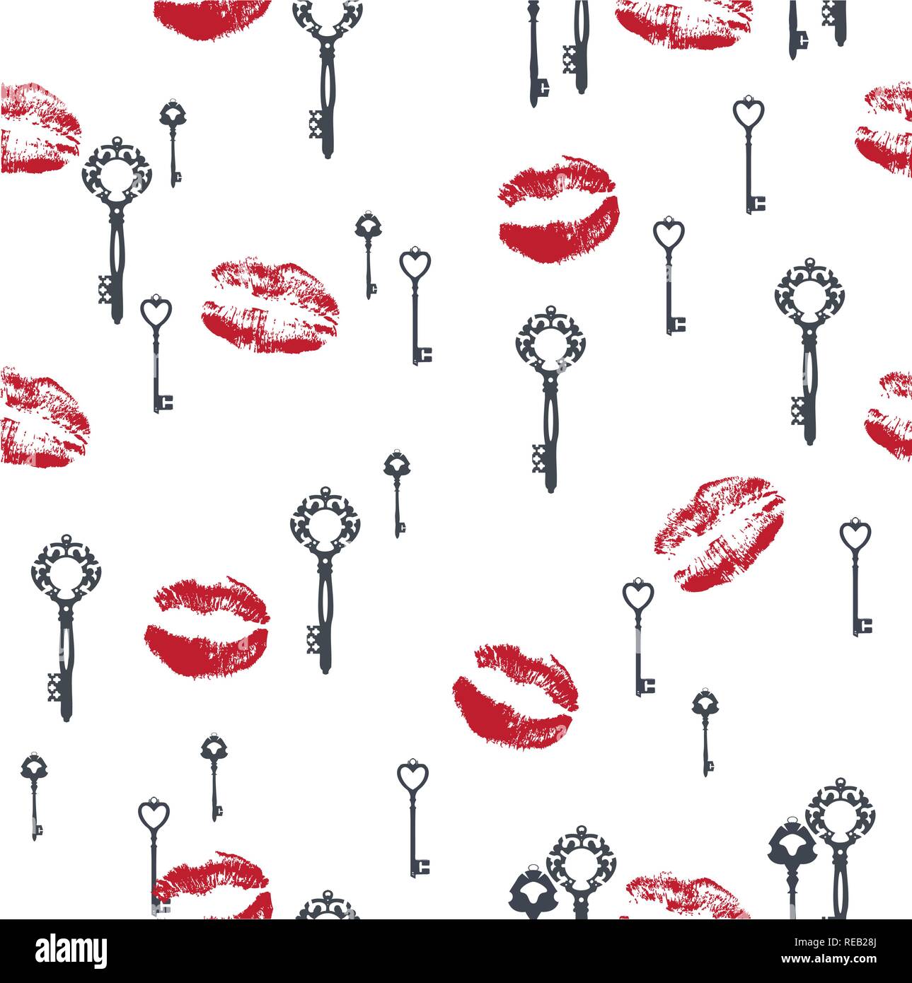 vector illustration of valentine background with keys and lipstick kisses Stock Vector