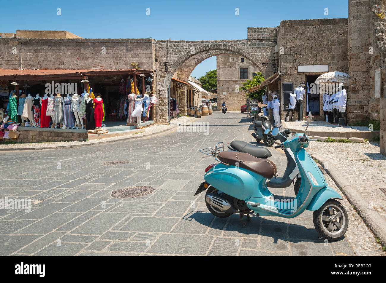 Rhodes, Greece. May 30,2018. Medieval gate and city fortification walls. Rhodes, Old Town, Island of Rhodes, Greece, Europe. Stock Photo