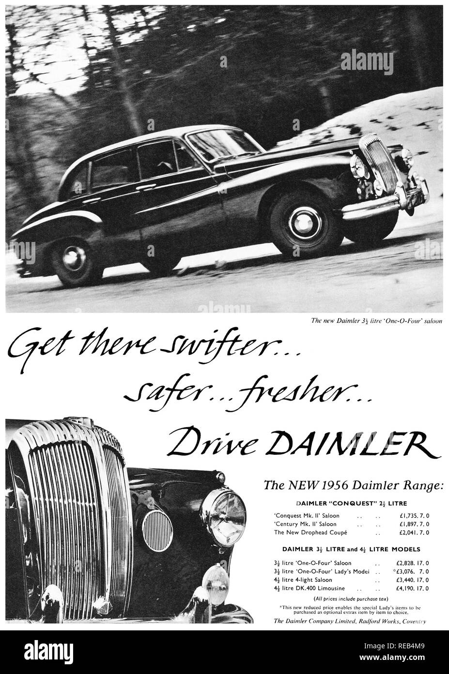 1956 British advertisement for Daimler motor cars, featuring the Daimler 3½ litre One-O-Four saloon. Stock Photo