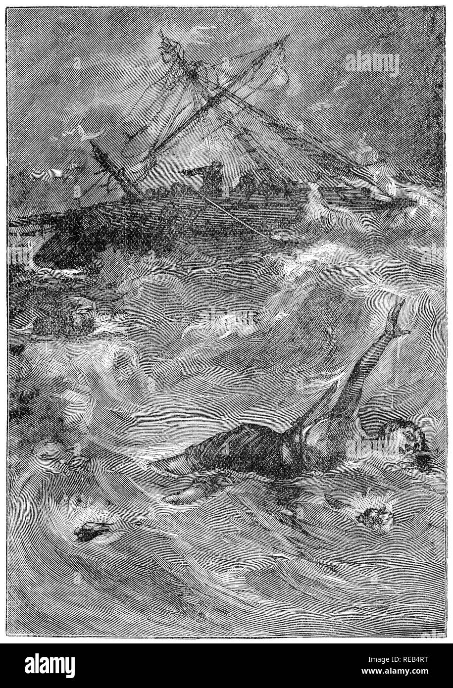 1988 vintage engraving of  storm at sea with a man overboard from a sailing ship. Stock Photo
