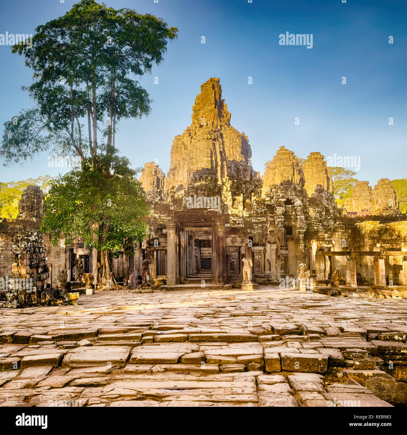 Bayon temple in Angkor Thom at morning time. Siem Reap. Cambodia Stock Photo