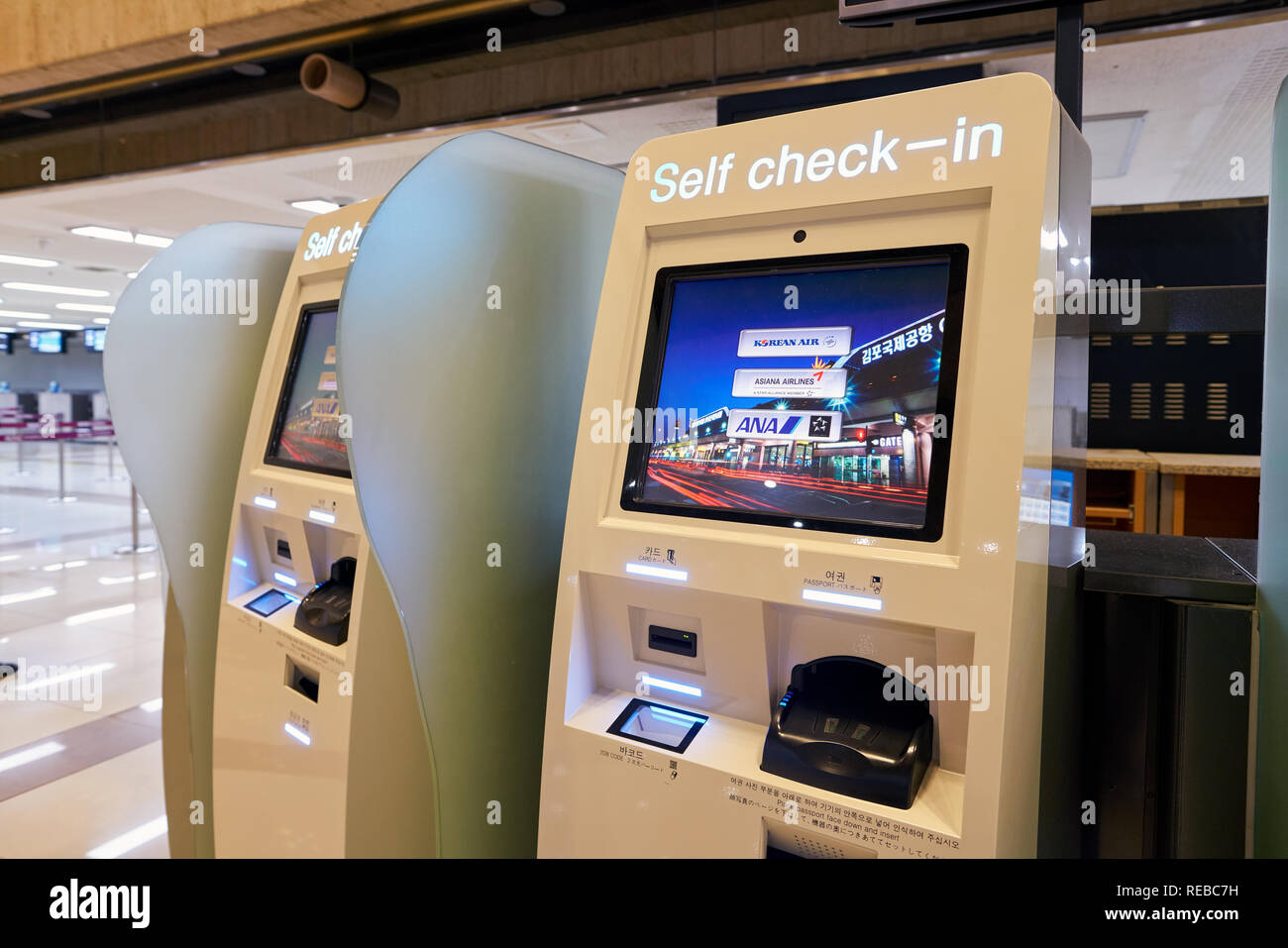 SEOUL, SOUTH KOREA - CIRCA MAY, 2017: self-service check-in kiosks at ...