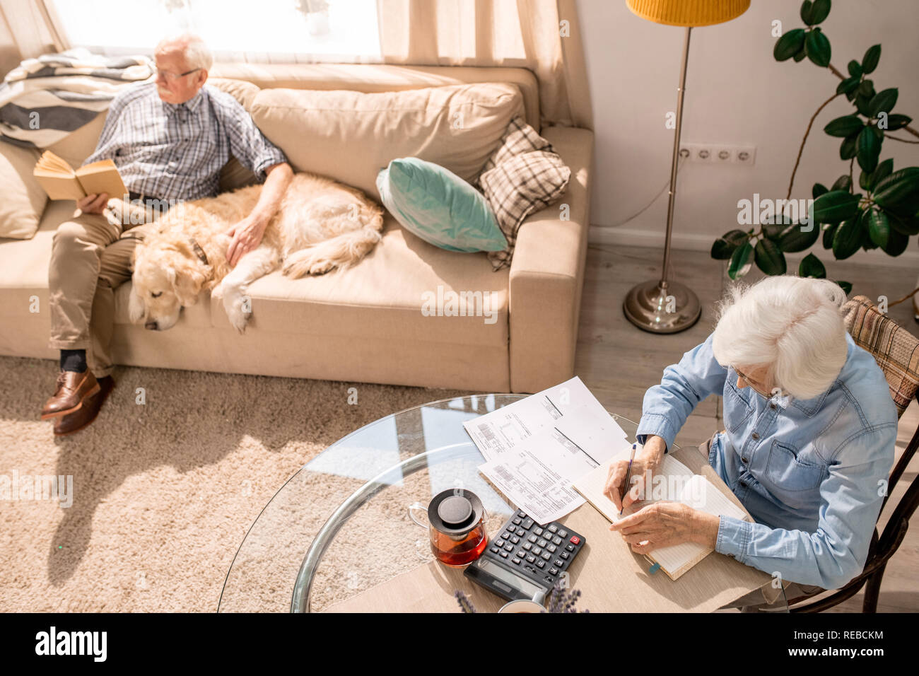 High angle portrait of senior woman filling forms and paying taxes with