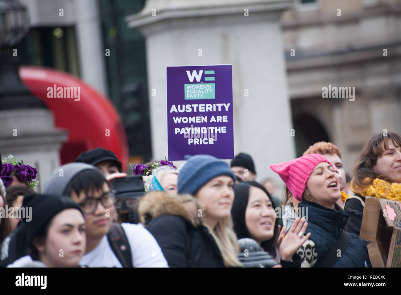 London, UK. 19th January, 2019. Thousands of women attend the Bread & Roses Rally Against Austerity in Trafalgar Square organised by Women's March. Stock Photo