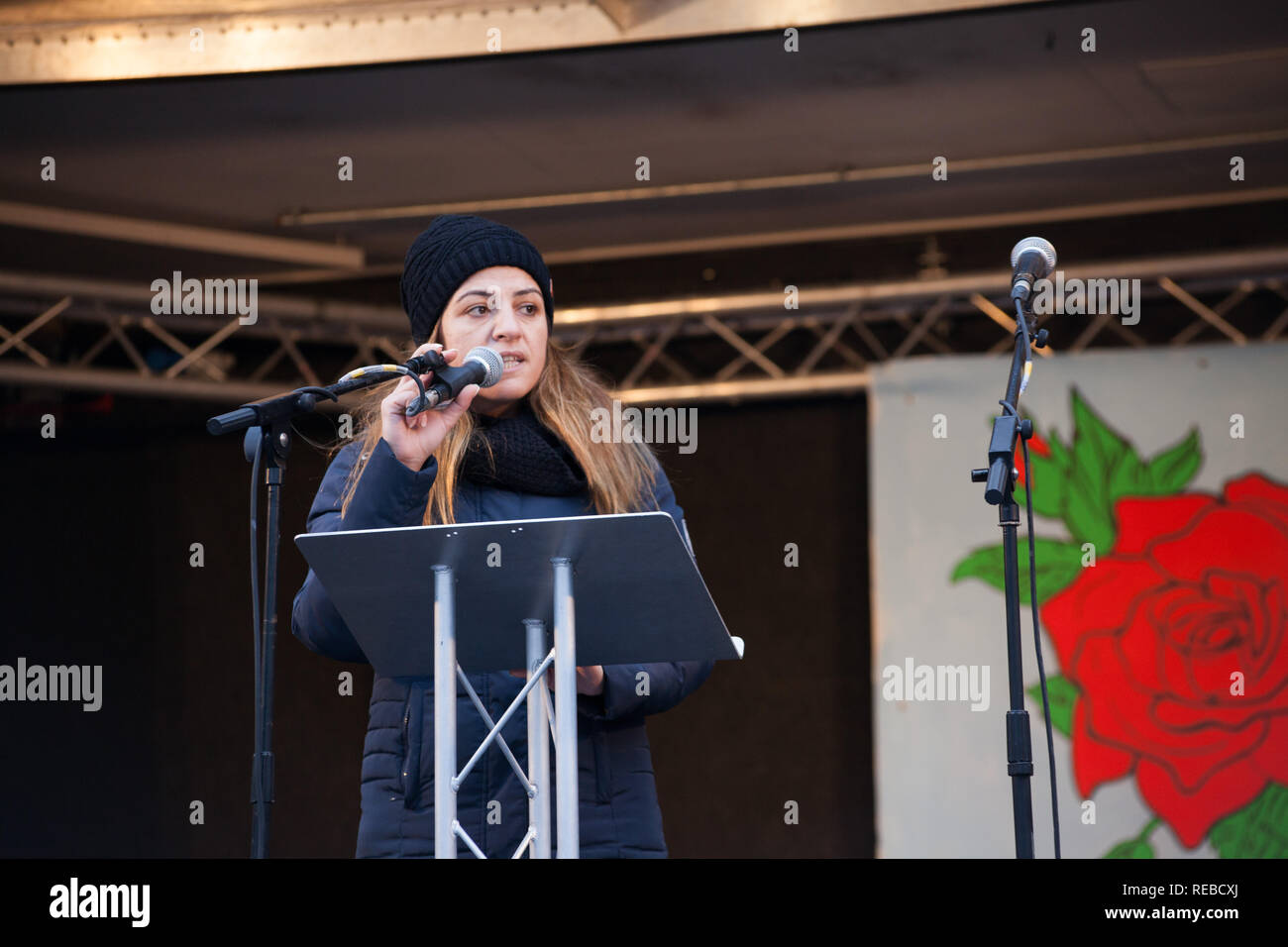 London, UK. 19th January, 2019. Thousands of women attend the Bread & Roses Rally Against Austerity in Trafalgar Square organised by Women's March. Stock Photo