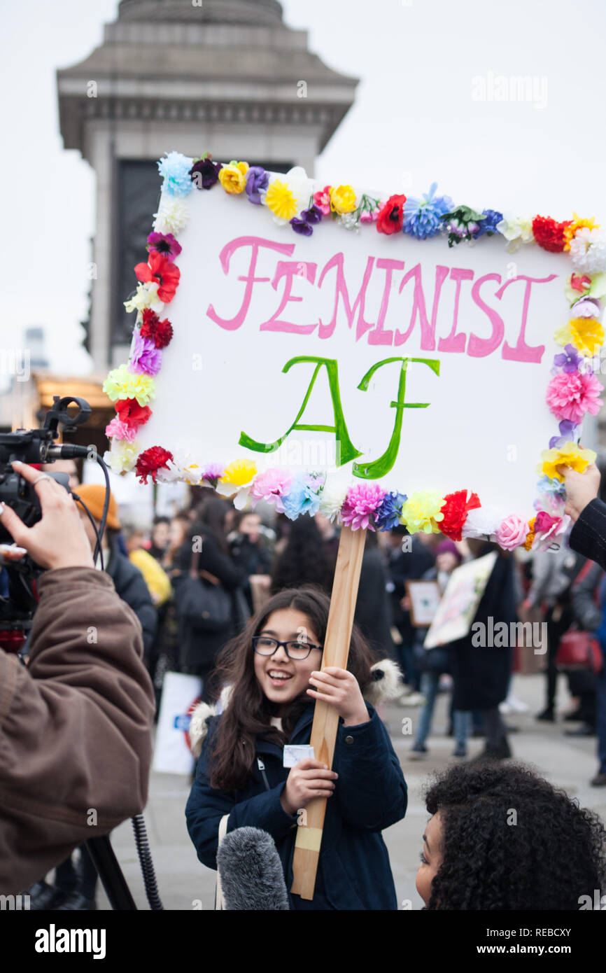 London, UK. 19th January, 2019. Thousands of women attend the Bread & Roses Rally Against Austerity in Trafalgar Square organised by Women's March. Stock Photo